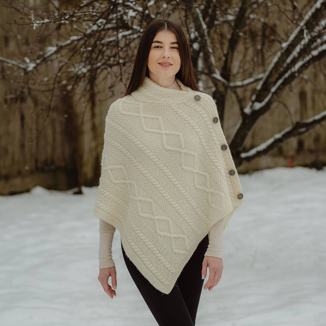ML906 Aran Cable Buttoned Wool Poncho White Tara Irish Clothing