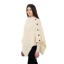 Load image into Gallery viewer, ML906 Aran Cable Buttoned Wool Poncho White Tara Irish Clothing
