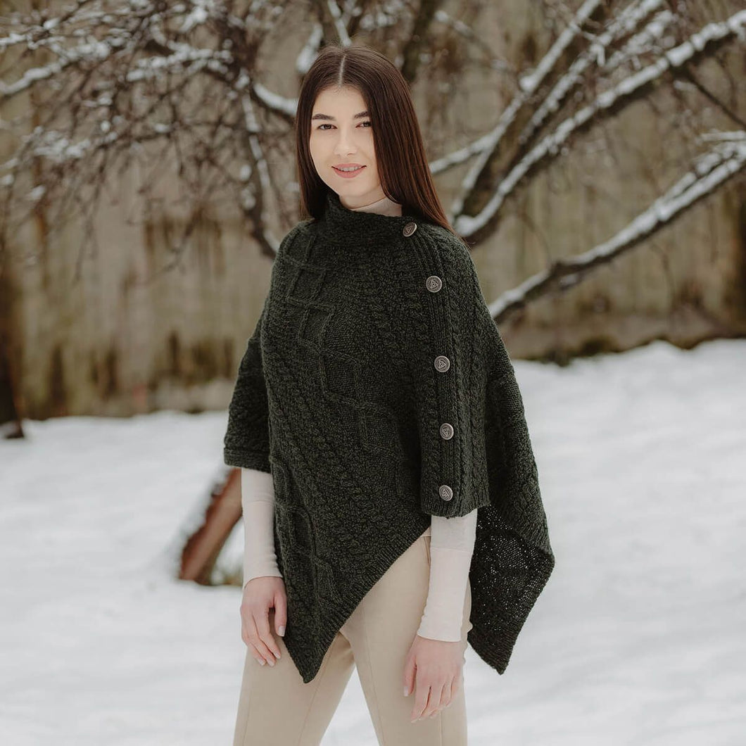 ML906 Aran Cable Buttoned Wool Poncho Army Green Tara Irish Clothing
