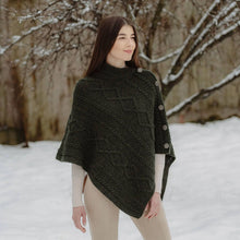 Load image into Gallery viewer, ML906 Aran Cable Buttoned Wool Poncho Army Green Tara Irish Clothing
