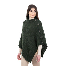 Load image into Gallery viewer, ML906 Aran Cable Buttoned Wool Poncho Army Green Tara Irish Clothing
