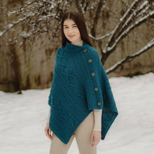 Load image into Gallery viewer, ML906 Aran Cable Buttoned Wool Poncho Teal Side View Irish Clothing
