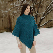Load image into Gallery viewer, ML906 Aran Cable Buttoned Wool Poncho Teal Tara Irish Clothing
