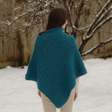 Load image into Gallery viewer, ML906 Aran Cable Buttoned Wool Poncho Teal Back View Tara Irish Clothing
