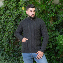 Load image into Gallery viewer, Men&#39;s Merino Knit Aran Zip Cardigan MM205-101- Charcoal Color Tara Irish Clothing
