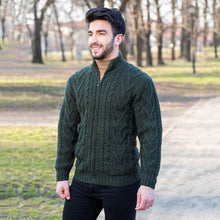 Load image into Gallery viewer, Men&#39;s Merino Knit Aran Zip Cardigan MM205-102- Army Green Tara Irish Clothing
