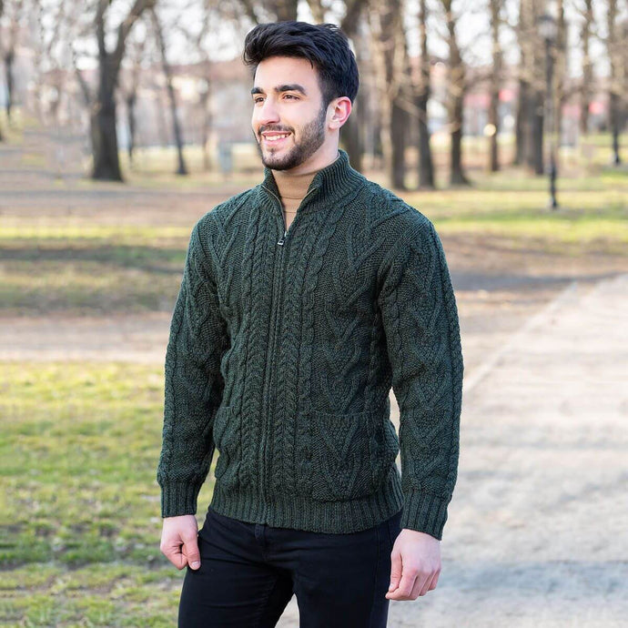 Men's Merino Knit Aran Zip Cardigan MM205-102- Army Green Tara Irish Clothing
