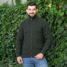 Load image into Gallery viewer, Men&#39;s Merino Knit Aran Zip Cardigan MM205-102- Army Green Tara Irish Clothing
