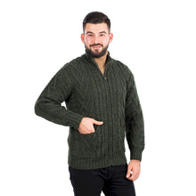 Load image into Gallery viewer, Men&#39;s Merino Knit Aran Zip Cardigan MM205-102- Army Green Tara Irish Clothing
